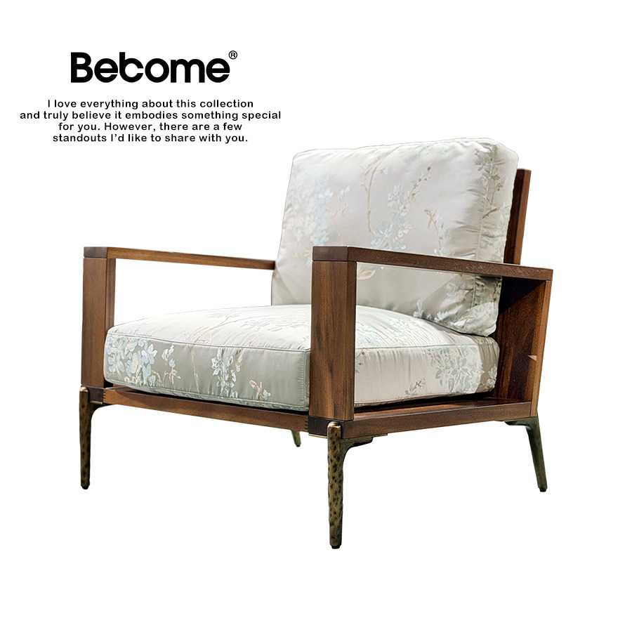 中古风实木框框锻造布艺单人沙发