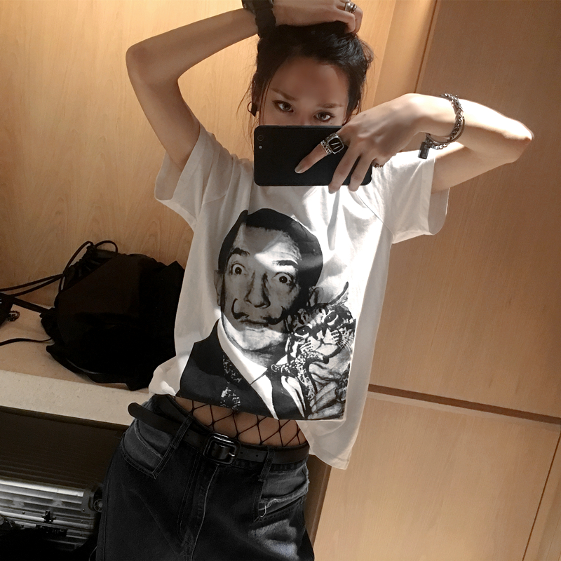 OPEN UP2019春夏新款百搭ins达利印花短袖白色T恤女宽松显瘦t恤