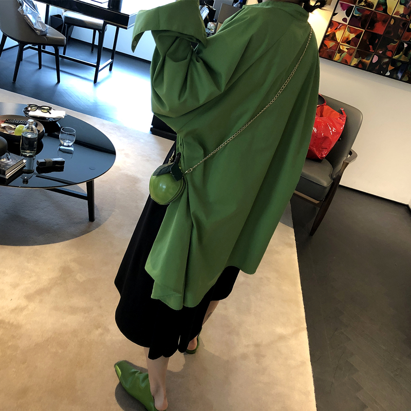 OPEN UP2019春夏港风小众设计感下摆不规则苹果绿百搭衬衫女衬衣