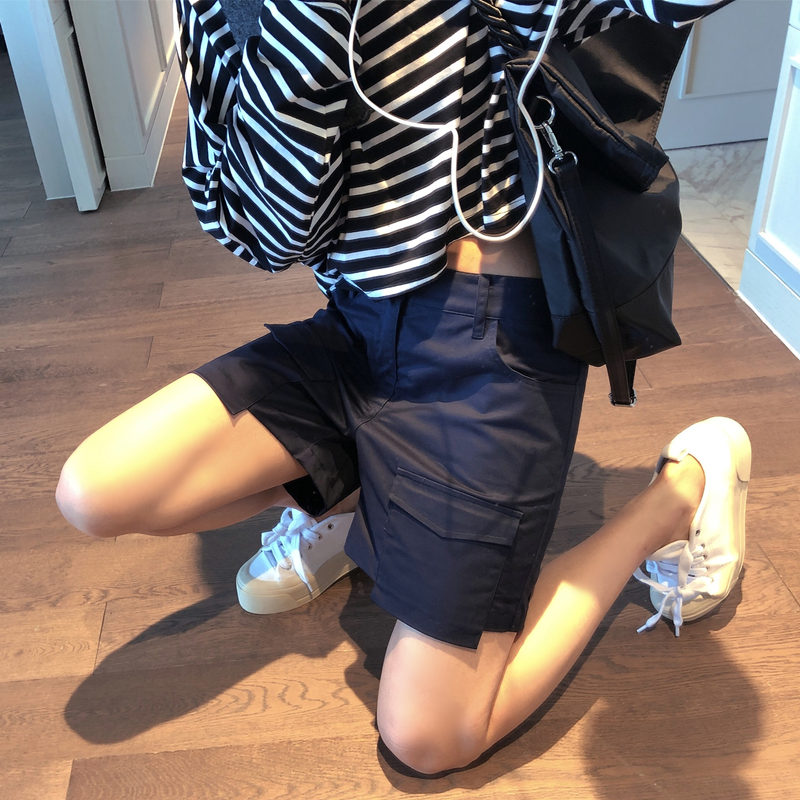 OPEN UP2019新款女夏装港风百搭阔腿短裤女纯色显瘦工装休闲裤潮