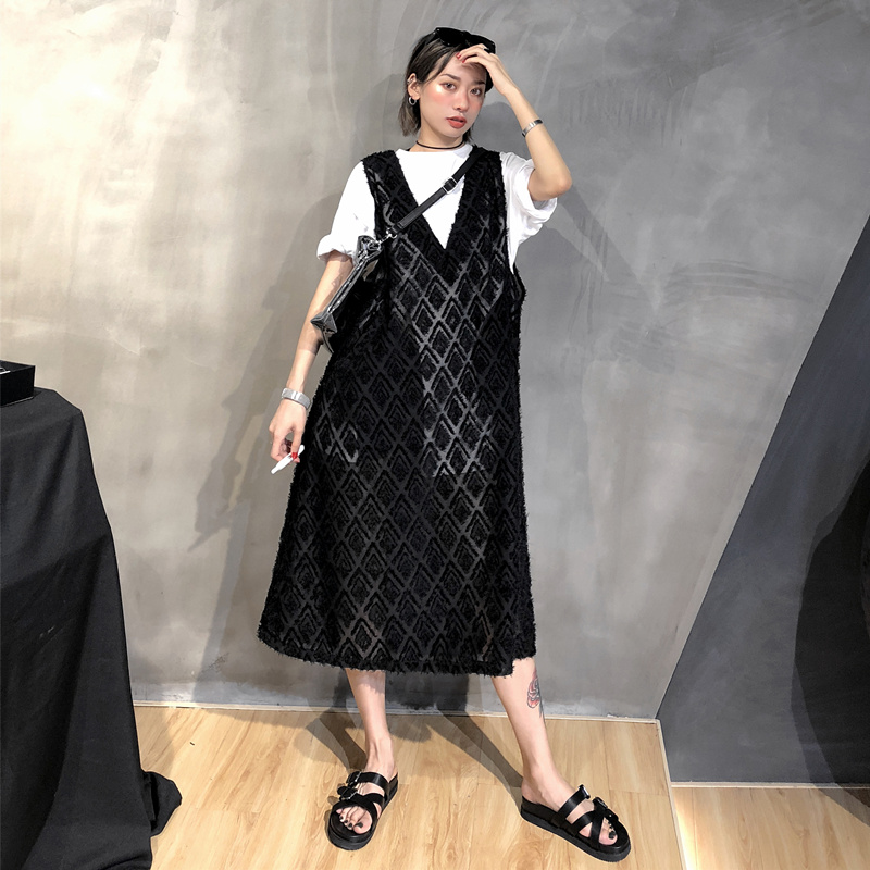 OPEN-UP2019夏装新款chic港风提花oversize中长V领过膝无袖连衣裙