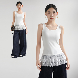 春秋款叠穿内搭白色无袖打底蕾丝双层花边下摆吊带屁帘背心女内搭
