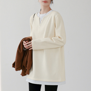 华夫格加绒假两件女中长款打底衫秋冬撞色叠穿设计感卫衣宽松上衣