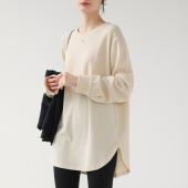 袖 圆弧形下摆衬衫 口宽松初秋孕妇上衣 T恤女内搭打底衫 华夫格长袖