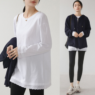 白色长袖t恤女纯棉中长款打底衫内搭蕾丝花边下摆宽松孕妇上衣