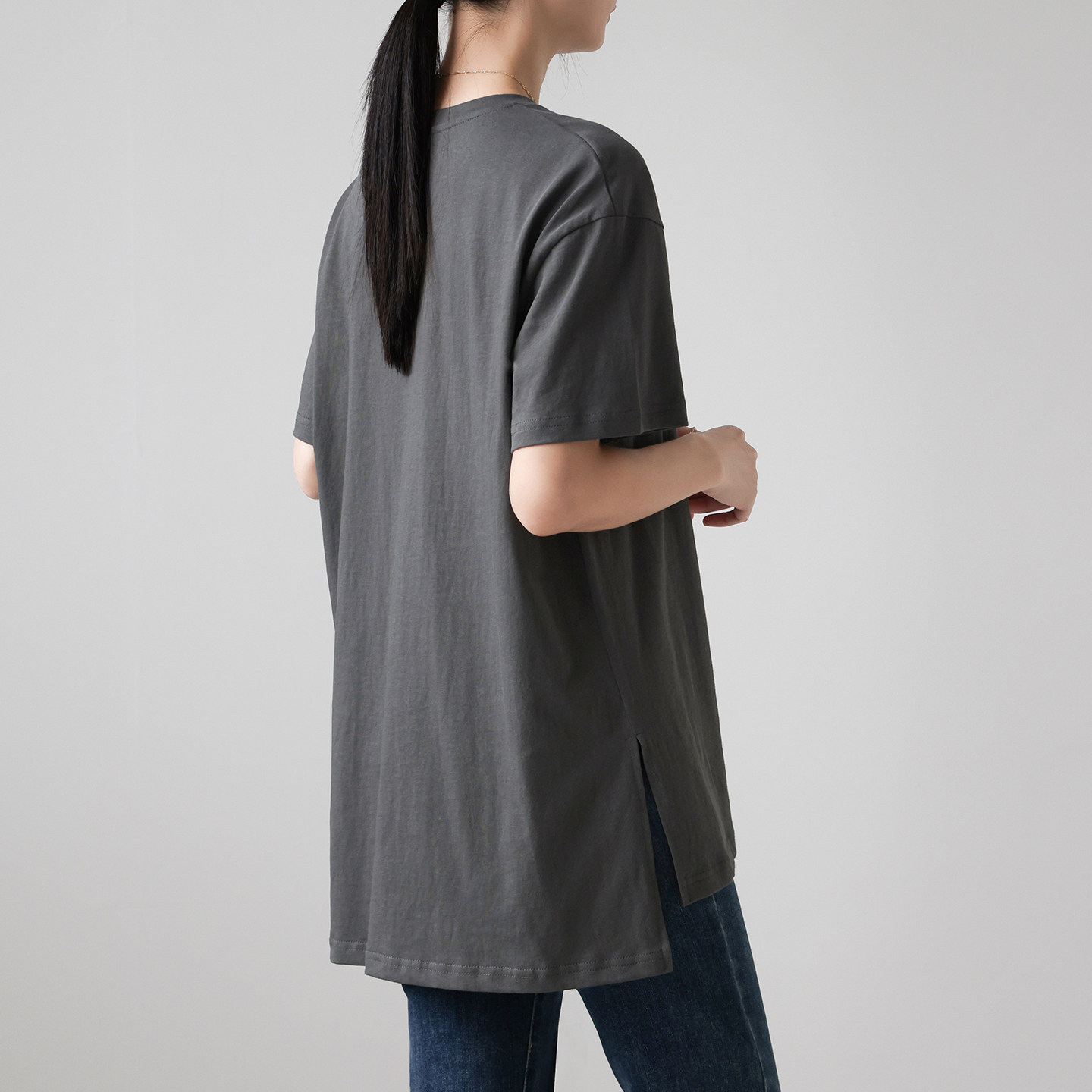 夏季新款短袖t恤女慵懒宽松显瘦长款遮屁股前短后长两边开叉上衣