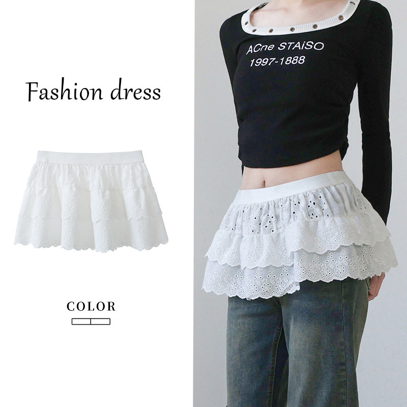蕾丝刺绣叠穿层次感屁帘裙女内搭春秋新款白色松紧腰蓬蓬打底裙帘