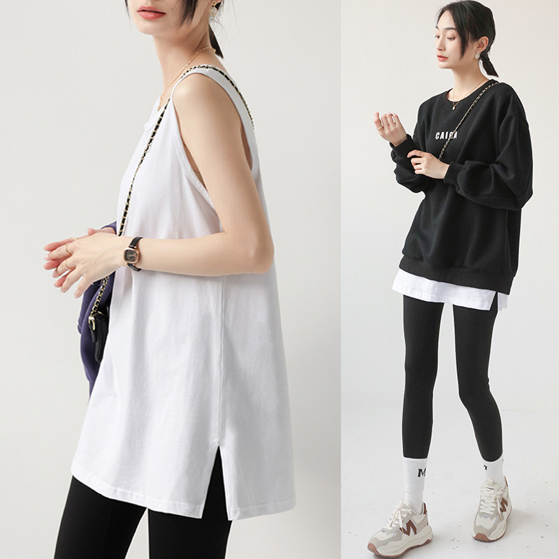春秋开叉打底背心女内搭叠穿卫衣下摆遮屁股宽松白色无袖中长上衣