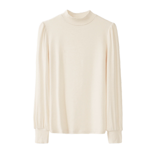 春秋季白色小立领泡泡袖打底衫半高领长袖T恤女修身螺纹内搭上衣