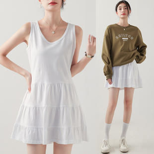 卫衣打底吊带背心裙叠穿内搭白色中长款 A字连衣裙遮屁股下摆 无袖