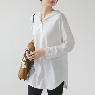 拼接花边上衣 内搭t恤女2026春秋打底衫 初秋白色中长款 连帽长袖