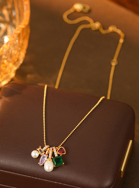 新款彩色锆石珍珠项链轻奢高级感小众设计百搭锁骨链时尚简约首饰