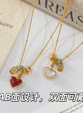 新款时尚轻奢红色双面贝母爱心吊坠项链女小众高级精致百搭锁骨链