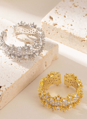 新款时尚超闪满天星锆石花朵戒指女轻奢小众设计高级百搭指环首饰