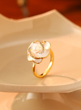 新款山茶花贝母活口戒指女法式轻奢小众设计高级指环时尚百搭首饰