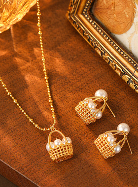 新款编织微镶珍珠吊坠项链高级轻奢耳饰法式复古宫廷风百搭锁骨链