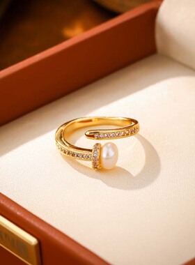新淡水珍珠微镶锆石开口戒指女法式轻奢小众高级指环时尚百搭首饰