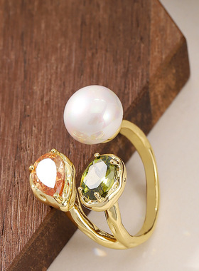 新款法式复古时尚珍珠锆石开口戒指女轻奢小众设计高级感指环首饰