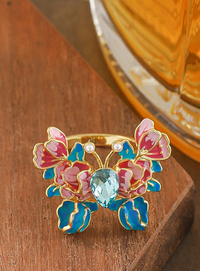 新款时尚镶钻珐琅滴油蝴蝶戒指女轻奢小众高级感百搭指环精致首饰