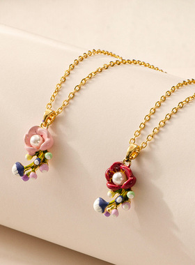 新款法式轻奢简约百搭甜美彩色宝石釉彩花朵项链女小众锁骨链首饰
