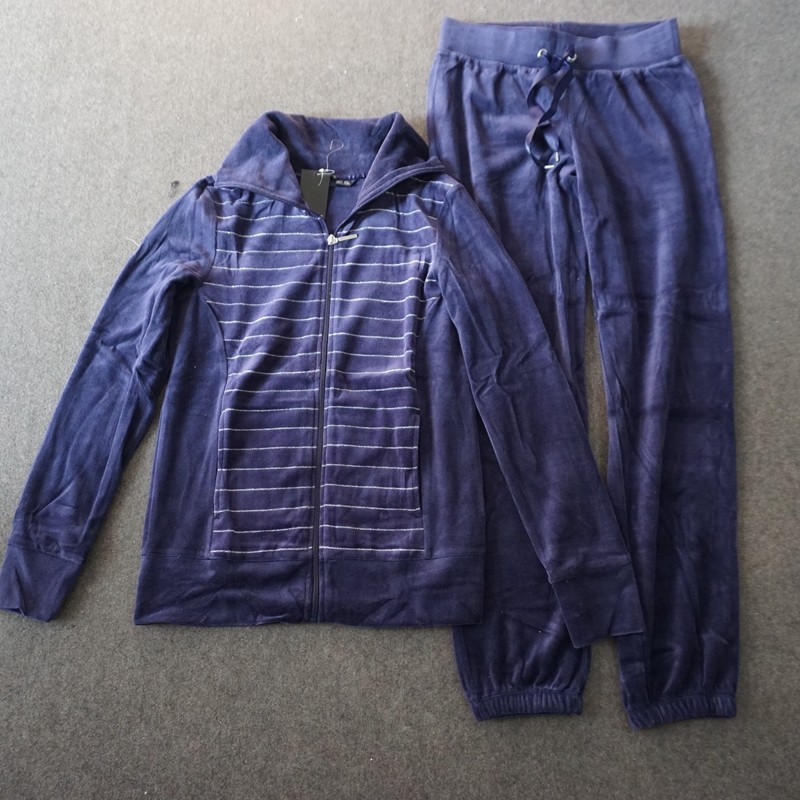 外贸女士春秋女士拉链开身天鹅绒长袖家居服休闲套装纯色藏青色