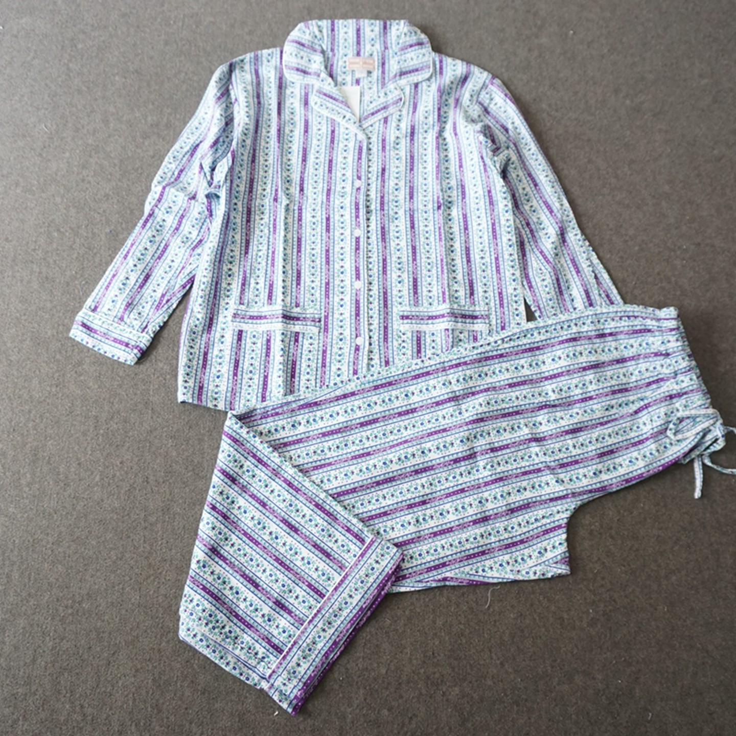 外贸春秋冬女士复古印花条纹纯棉绒布睡衣套装家居服有大码