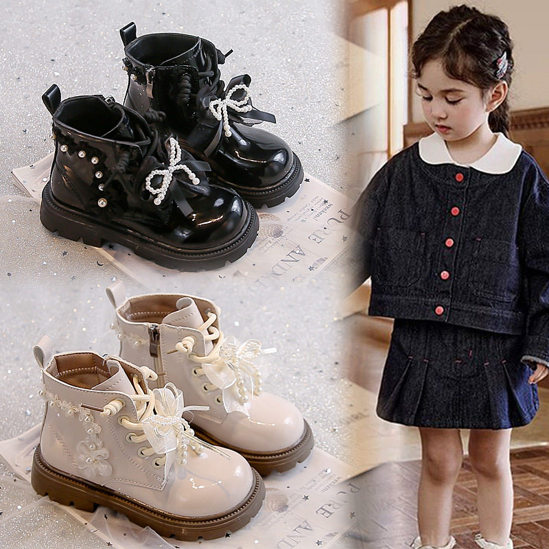 女童纯色短靴2025秋季新款儿童珍珠花朵可爱蝴蝶结公主马丁靴单靴