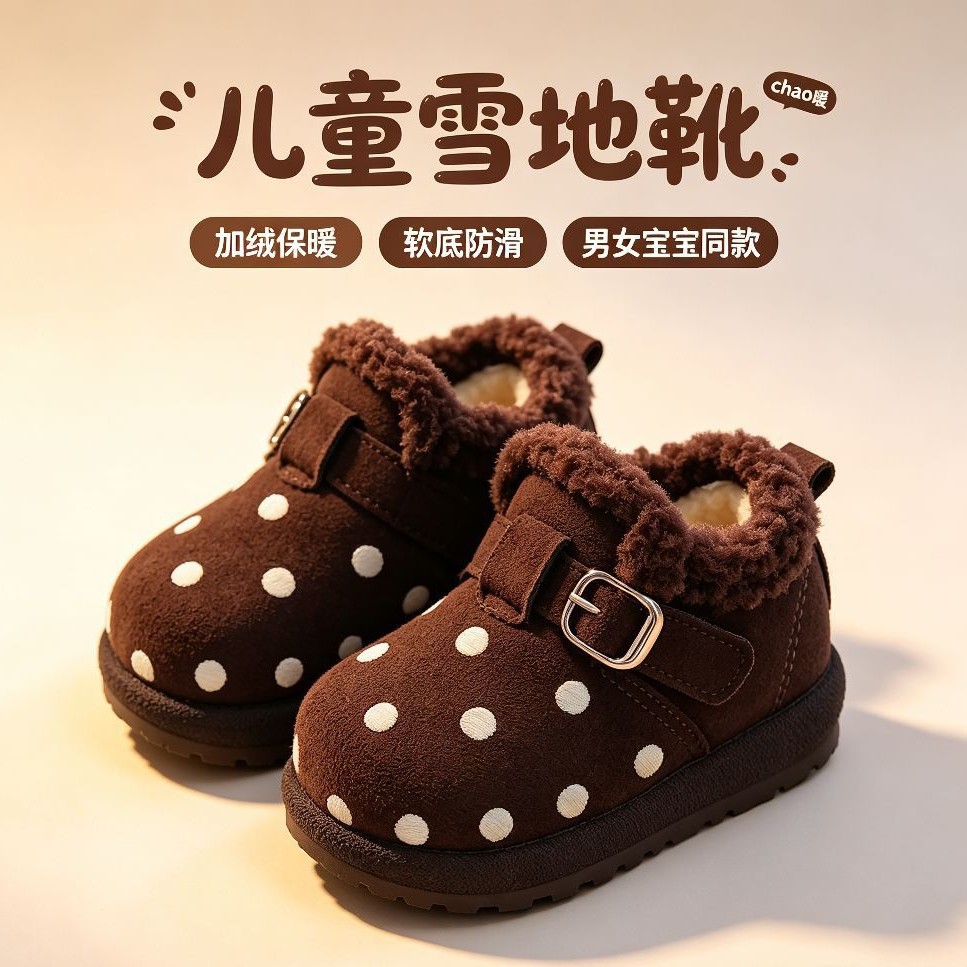 儿童波点雪地靴秋冬季加绒保暖男