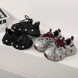 巴黎老爹鞋绑带儿童厚底松糕机车女童运动鞋男童加绒休闲鞋轮胎底