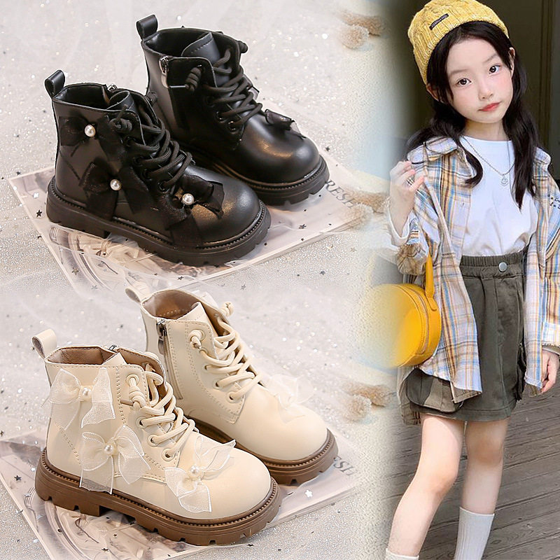 女童纯色短靴2025年秋季新款小女孩珍珠可爱蝴蝶结公主马丁靴单靴,女鞋,马丁靴,淘宝优惠券,粉丝福利购,淘宝优惠卷