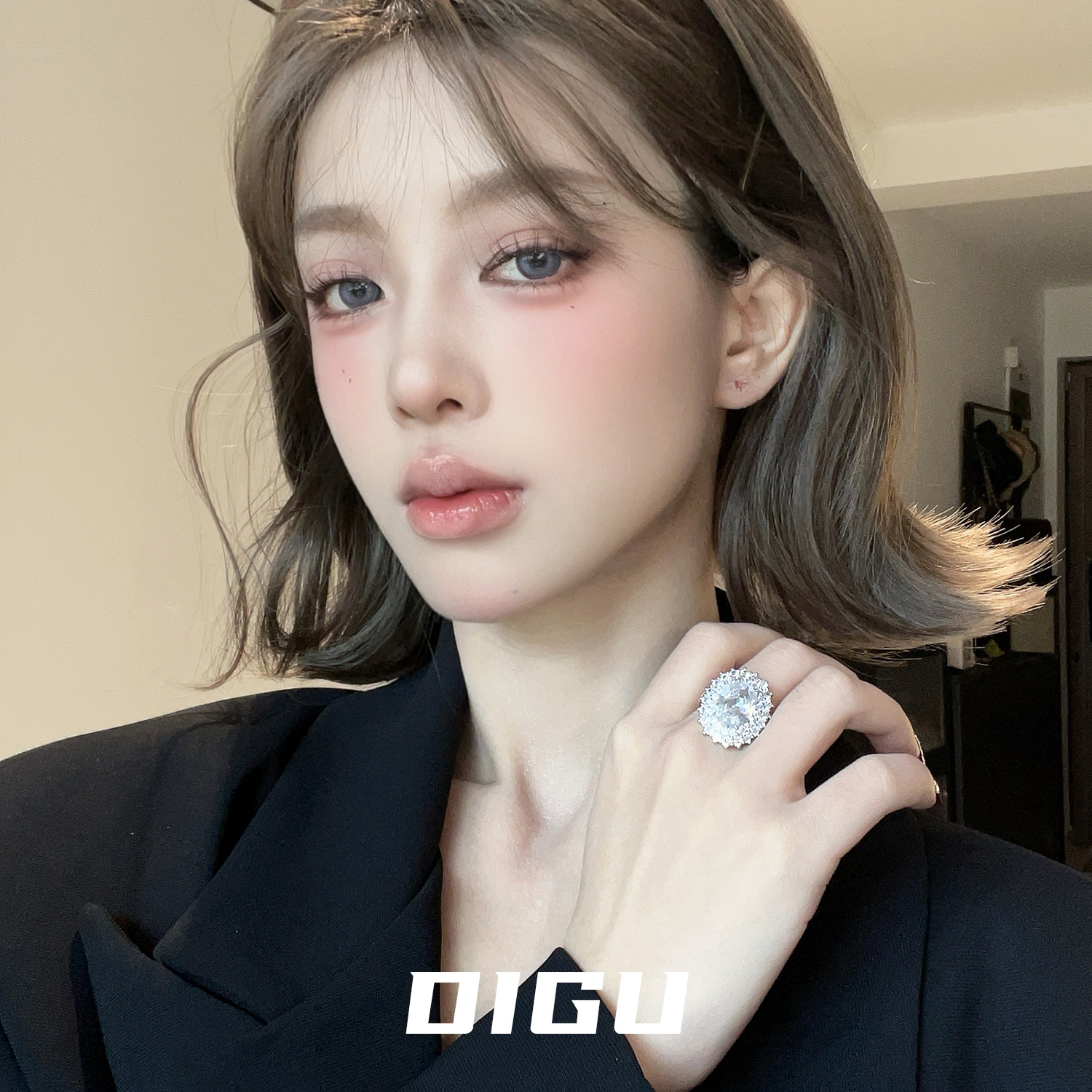 欧美奢华满钻椭圆形开口可调戒指