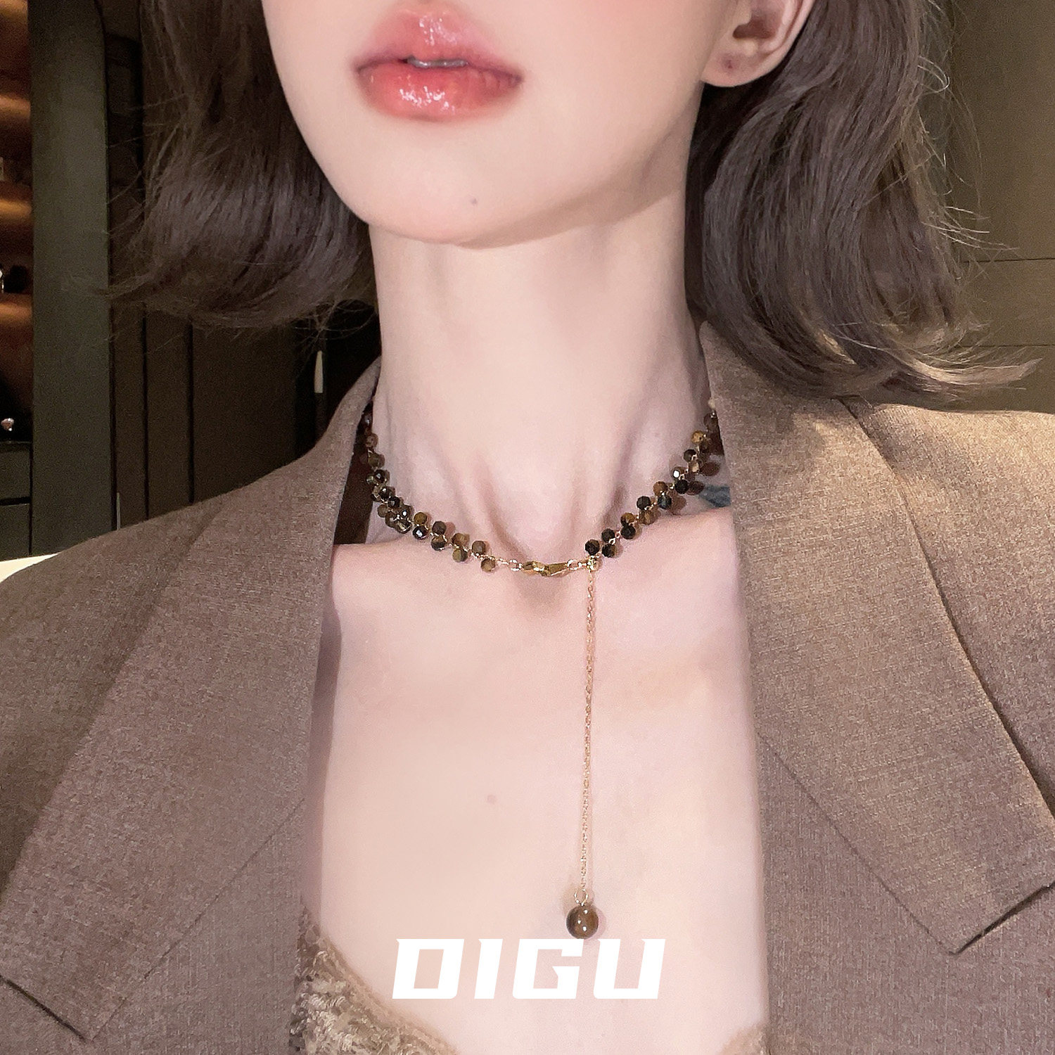 抽拉可调节虎眼石串珠编织项链