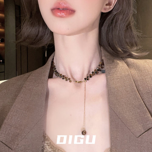 抽拉可调节虎眼石串珠编织项链