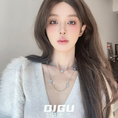 DIGU法式 锁骨链颈链 轻奢镶钻四叶草项链气质高级感双层叠戴超长款