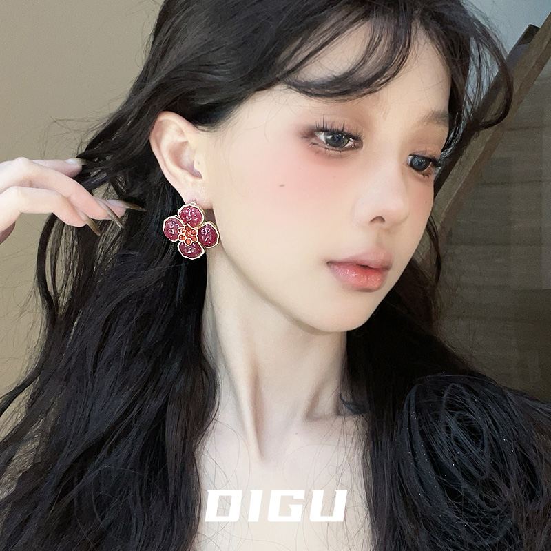 DIGU甜美果冻粉色大花朵耳环气质小众设计感百搭花花耳钉复古耳饰
