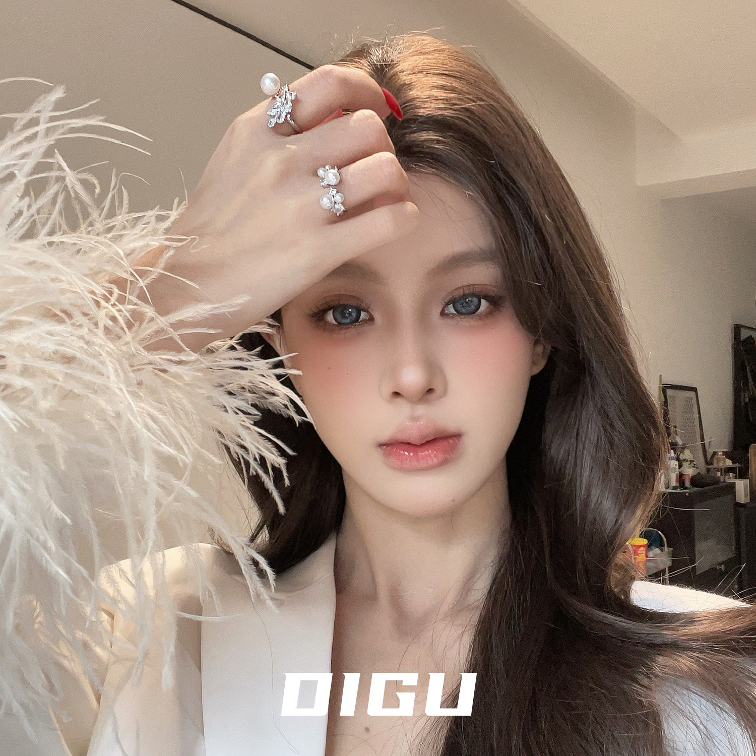 轻奢小众镶钻羽毛珍珠戒指开口