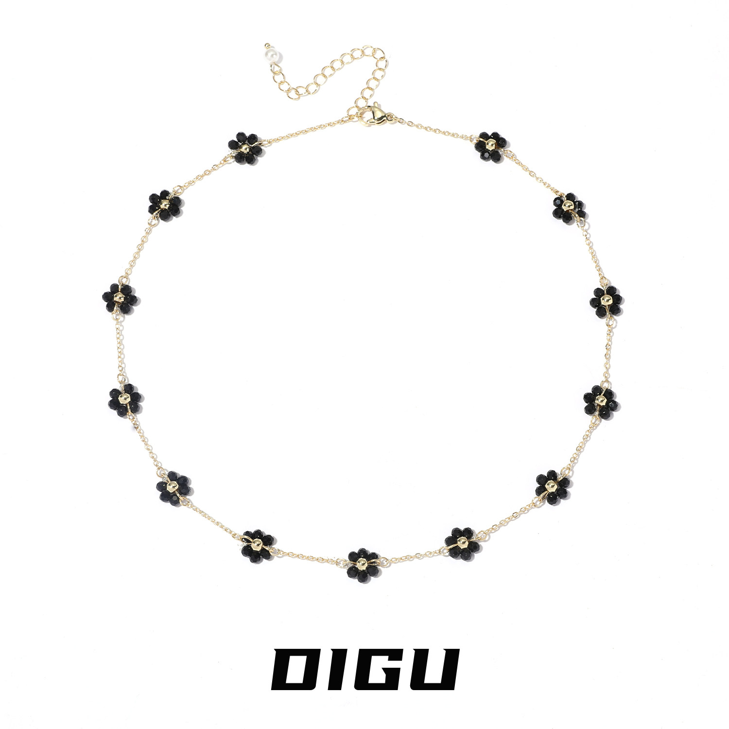 DIGU独特小众黑色仿水晶串珠花朵项链轻奢高级感黑金色锁骨链颈链