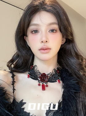 复古暗黑风哥特式玫瑰花蕾丝项链