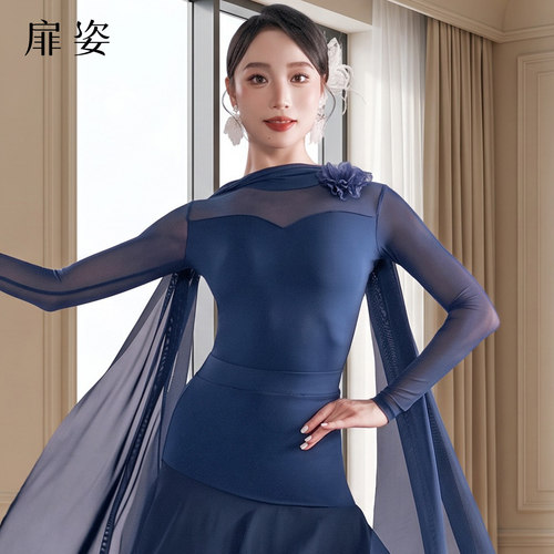 扉姿 摩登舞服女练功服华尔兹飘逸交谊舞钻长袖上衣连体衣F1512
