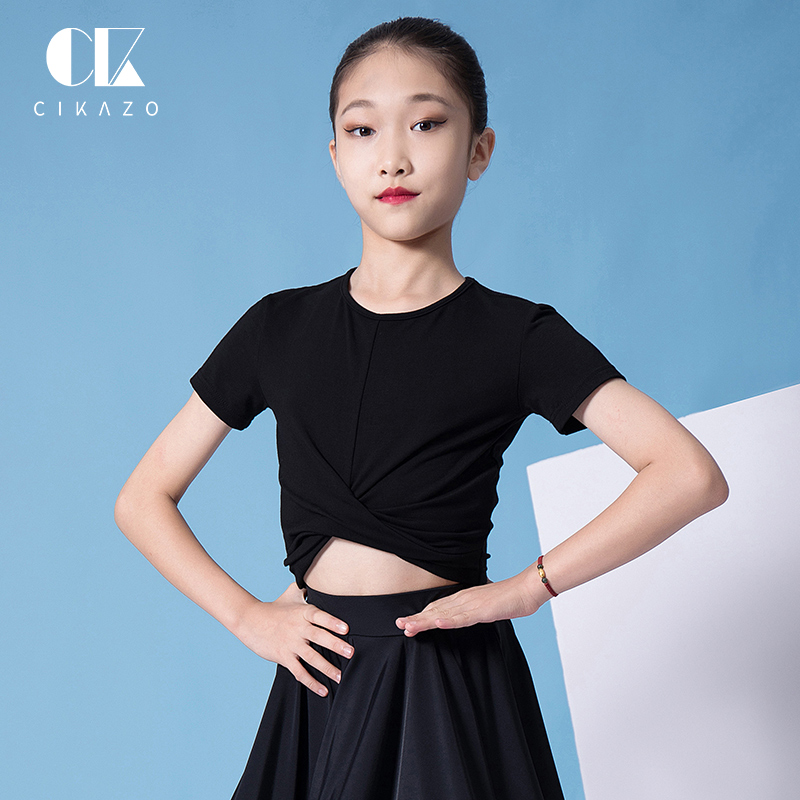 茜卡索 儿童拉丁舞服装上衣圆领短袖舞蹈练功服少儿表演上装G1057