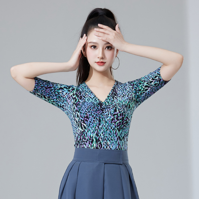 摩登舞上衣新款拉丁舞练功服印花薄款女成人跳舞衣国标表演服