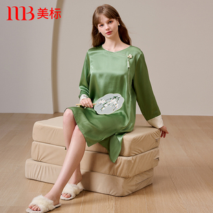 美标真丝睡衣女国风绣花长袖 睡裙开衩宽松100%桑蚕丝家居服春秋