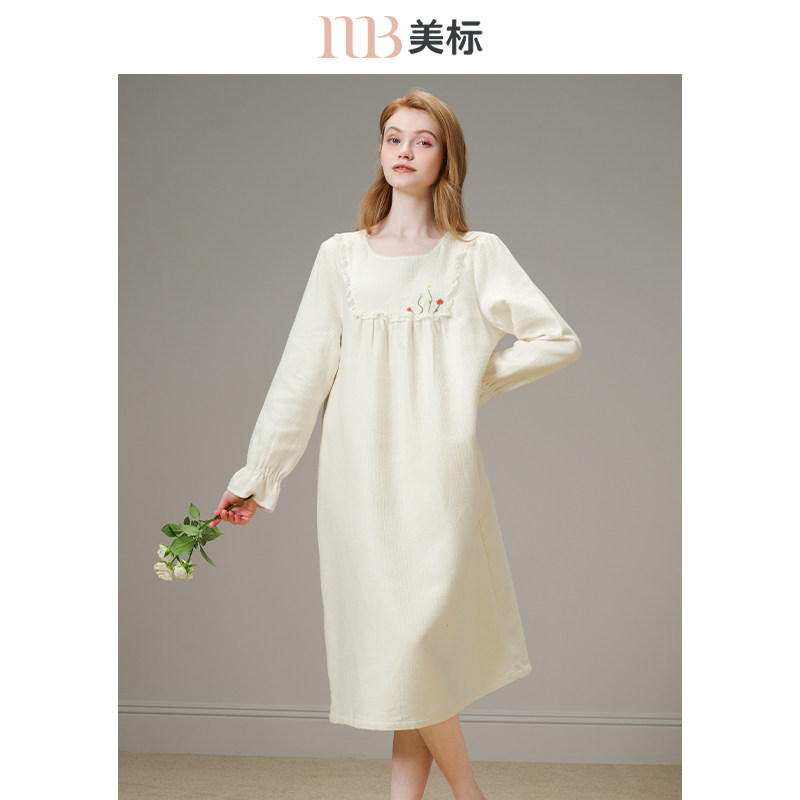 美标女长袖纯棉睡裙棉纱华夫格甜美复古全棉睡衣家居服春秋宫廷风
