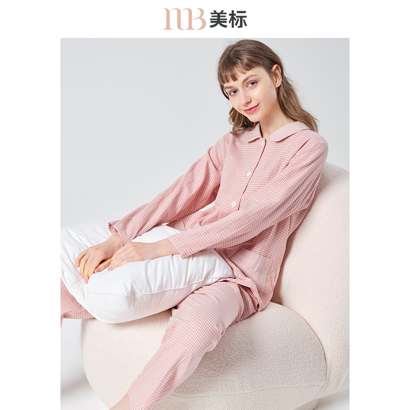 美标2021新款长袖纯棉双层棉纱睡衣套装女春秋格子全棉家居服夏薄