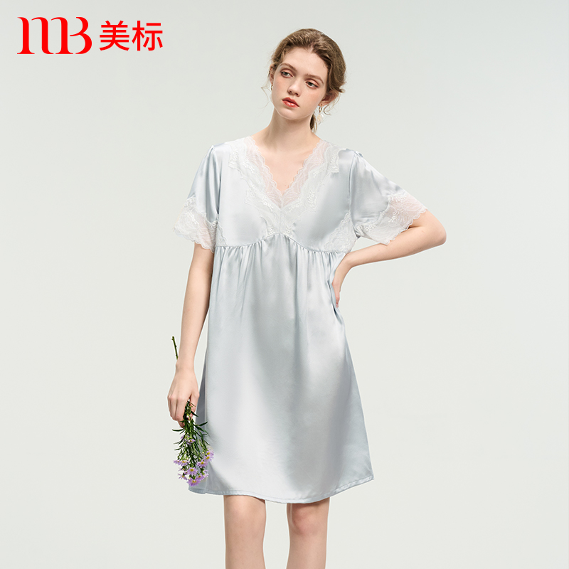美标性感蕾丝花边真丝短袖睡裙