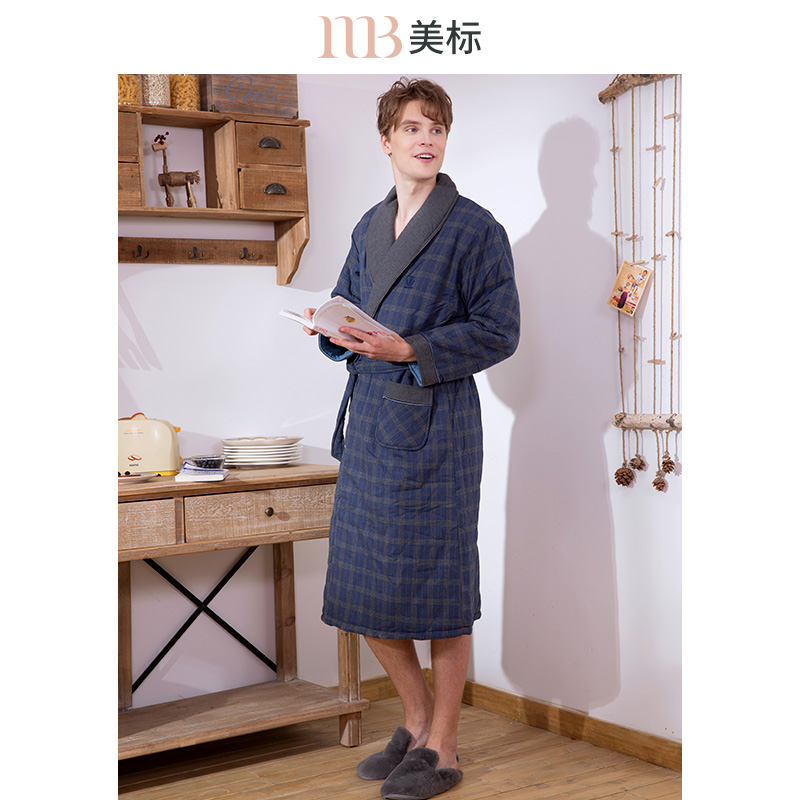 美标秋冬男士三层加厚夹棉睡衣纯棉睡袍浴袍全棉质休闲格子家居服