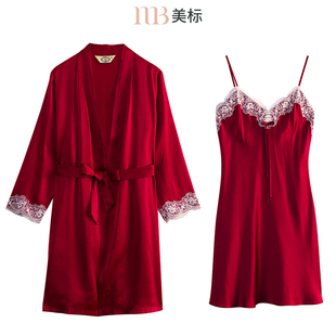 美标真丝睡衣女夏桑蚕丝丝绸睡袍吊带套装 新婚性感晨袍家居服送礼