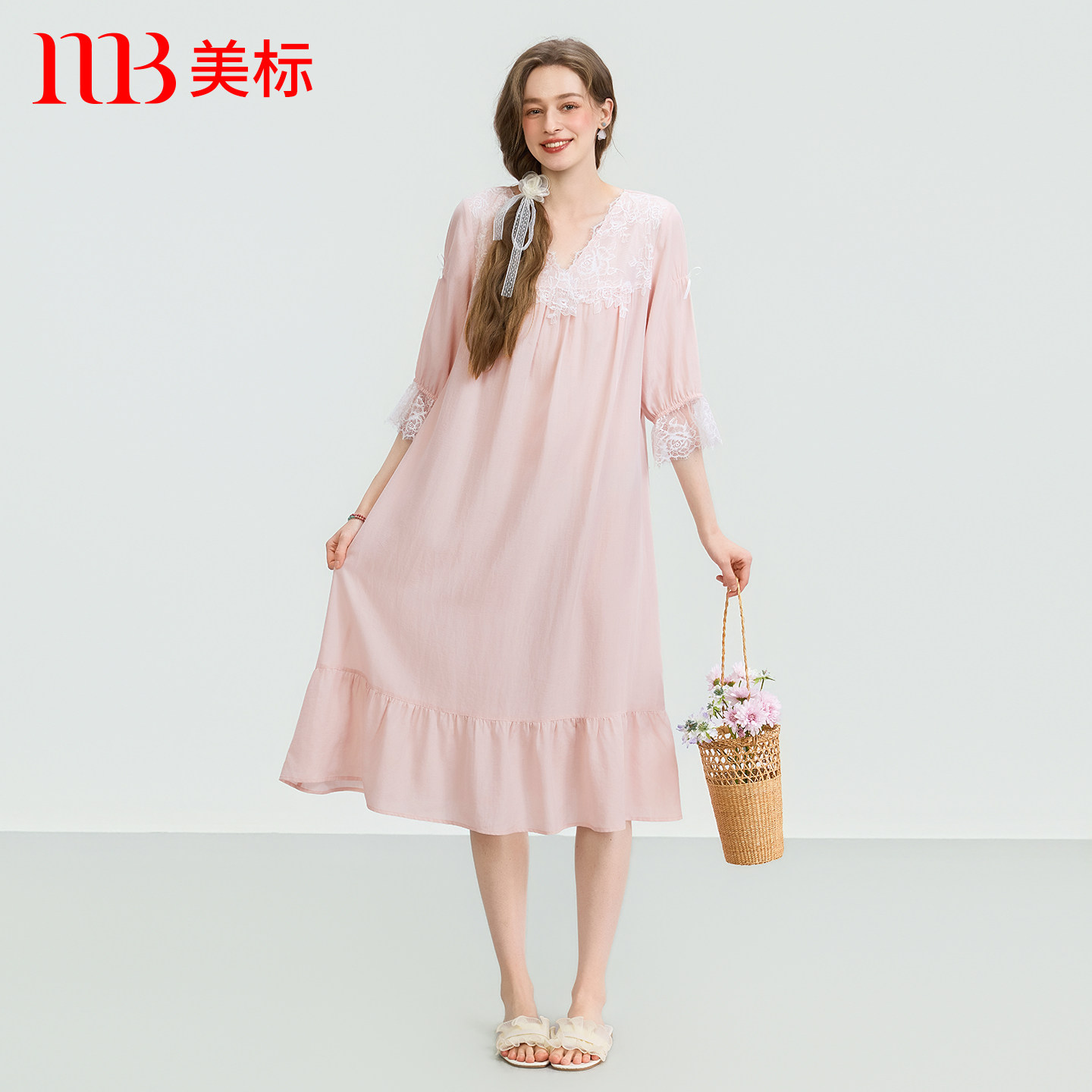 美标春夏新款莱赛尔七分袖睡裙宫廷风蕾丝睡衣女可外穿家居服长裙