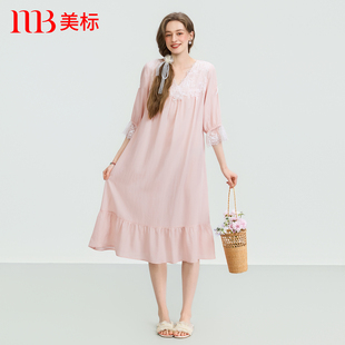 美标春夏新款莱赛尔七分袖睡裙宫廷风蕾丝睡衣女可外穿家居服长裙