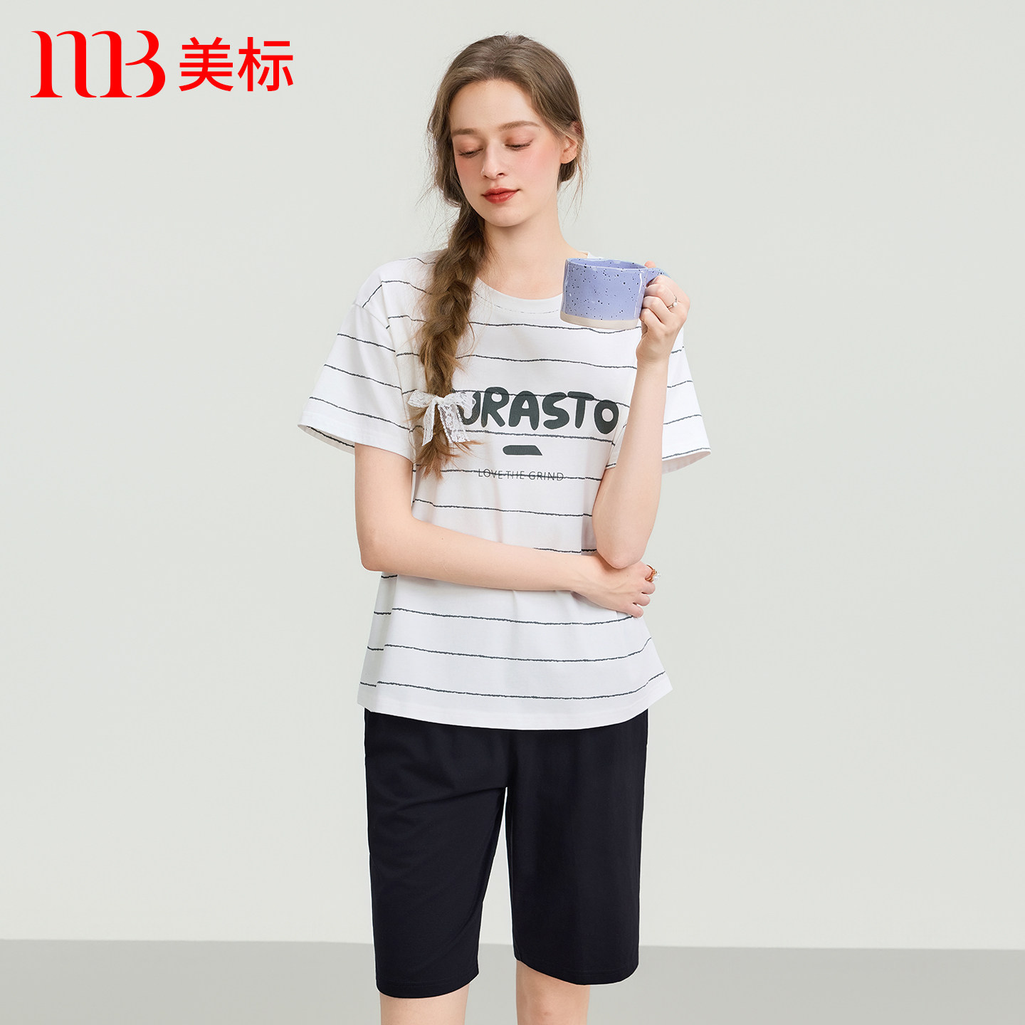 美标夏季新款针织棉质短袖睡衣女薄款休闲轻运动风外穿家居服套装
